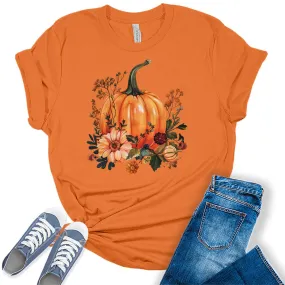 Fall Pumpkin Flowers Graphic Tees For Women