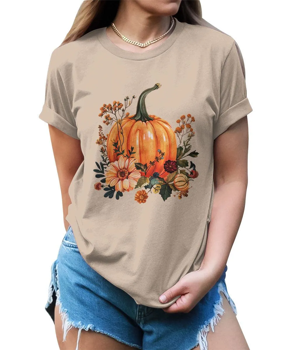 Fall Pumpkin Flowers Graphic Tees For Women