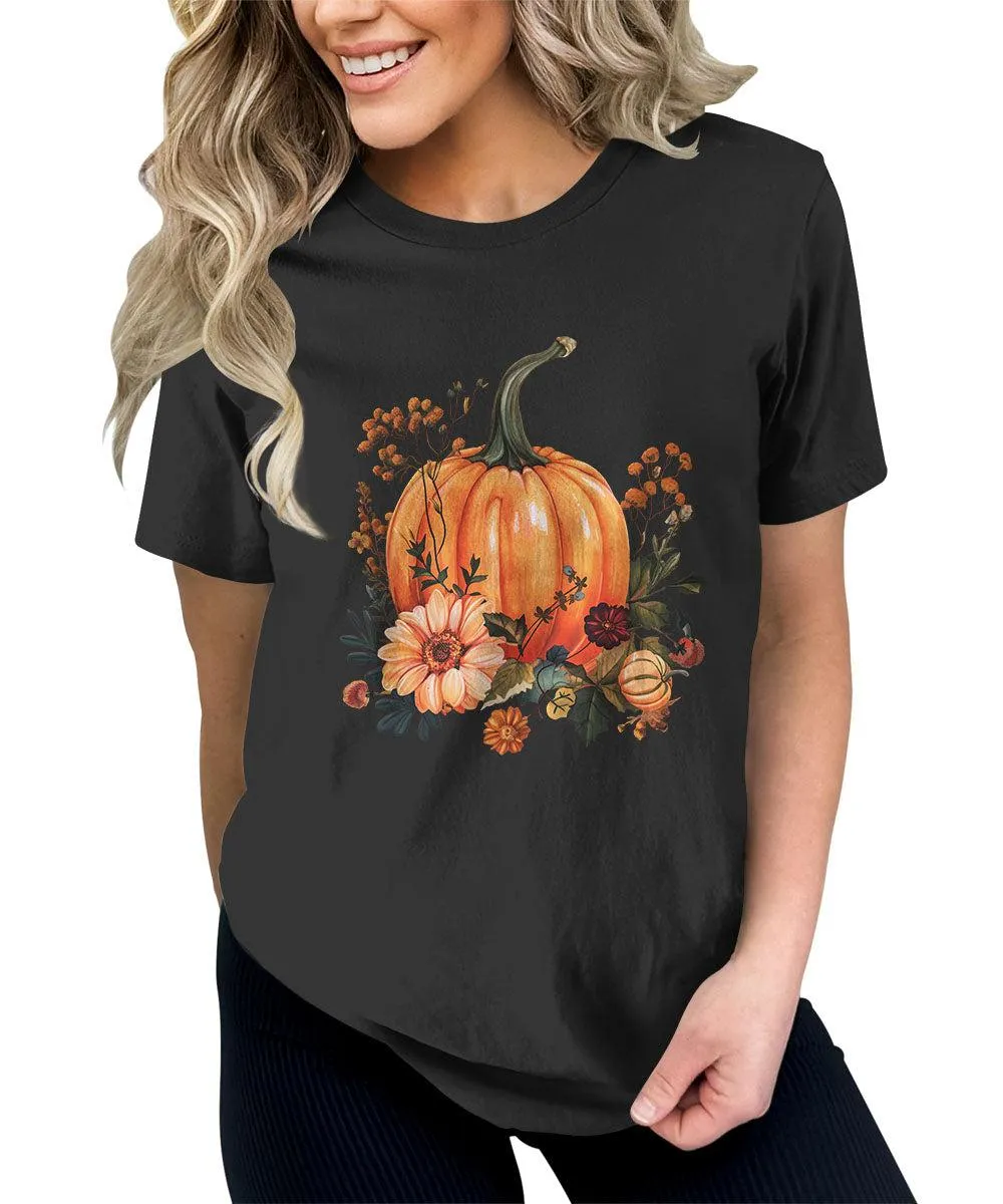 Fall Pumpkin Flowers Graphic Tees For Women