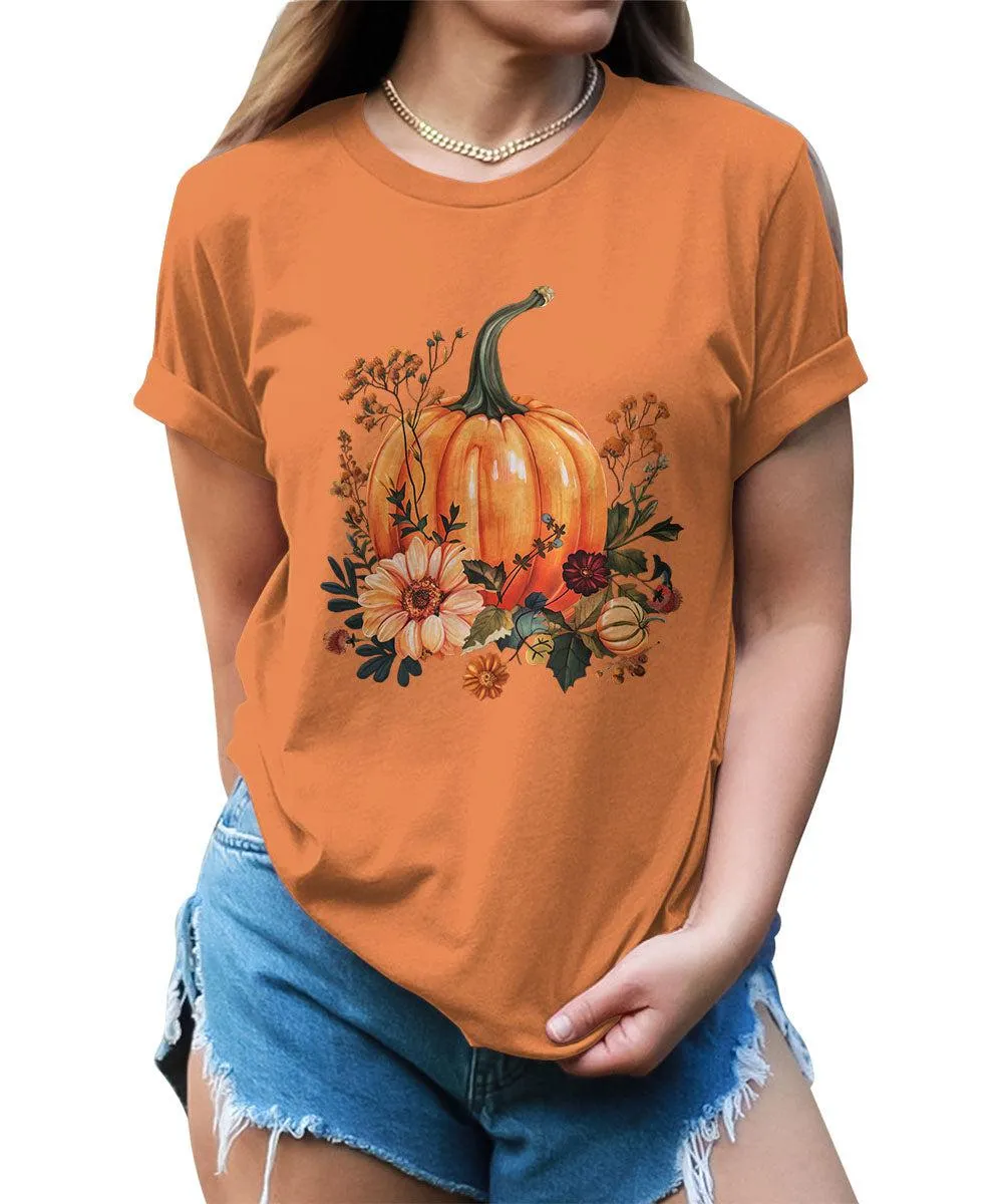 Fall Pumpkin Flowers Graphic Tees For Women