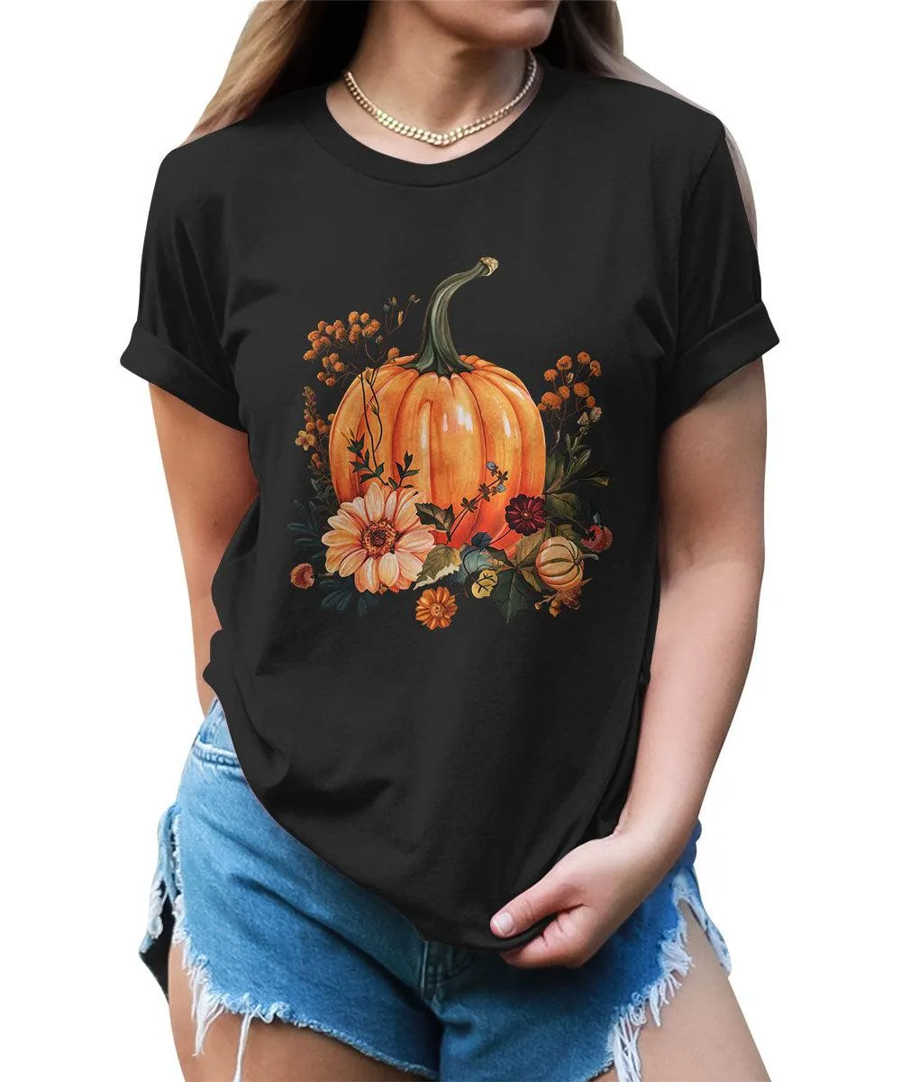 Fall Pumpkin Flowers Graphic Tees For Women