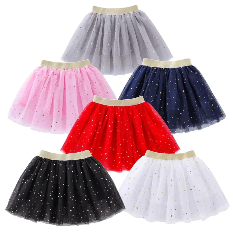 Fashion Kids Mesh Miniskirts Girls Princess Stars Glitter Dance Ballet Tutu Brand Sequin Party Girl Skirt Elastic