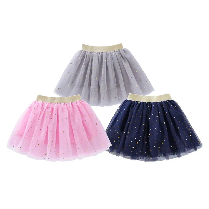 Fashion Kids Mesh Miniskirts Girls Princess Stars Glitter Dance Ballet Tutu Brand Sequin Party Girl Skirt Elastic