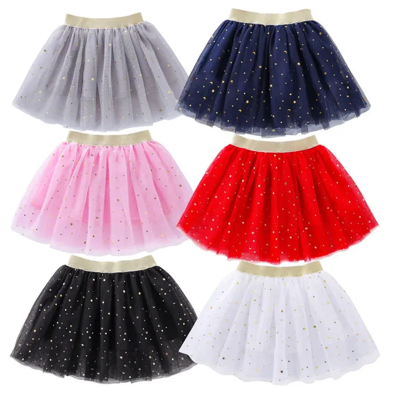 Fashion Kids Mesh Miniskirts Girls Princess Stars Glitter Dance Ballet Tutu Brand Sequin Party Girl Skirt Elastic