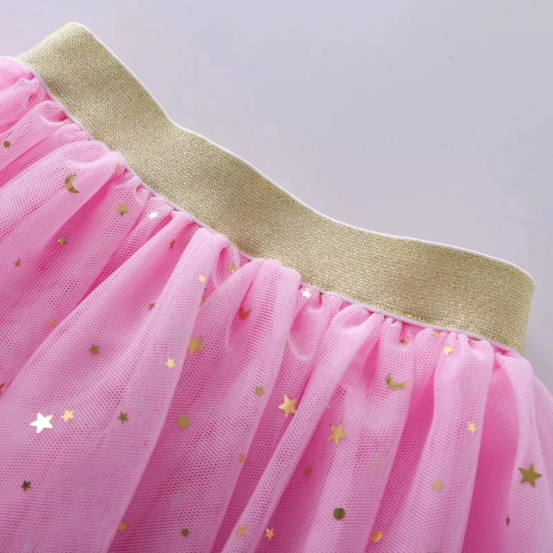 Fashion Kids Mesh Miniskirts Girls Princess Stars Glitter Dance Ballet Tutu Brand Sequin Party Girl Skirt Elastic