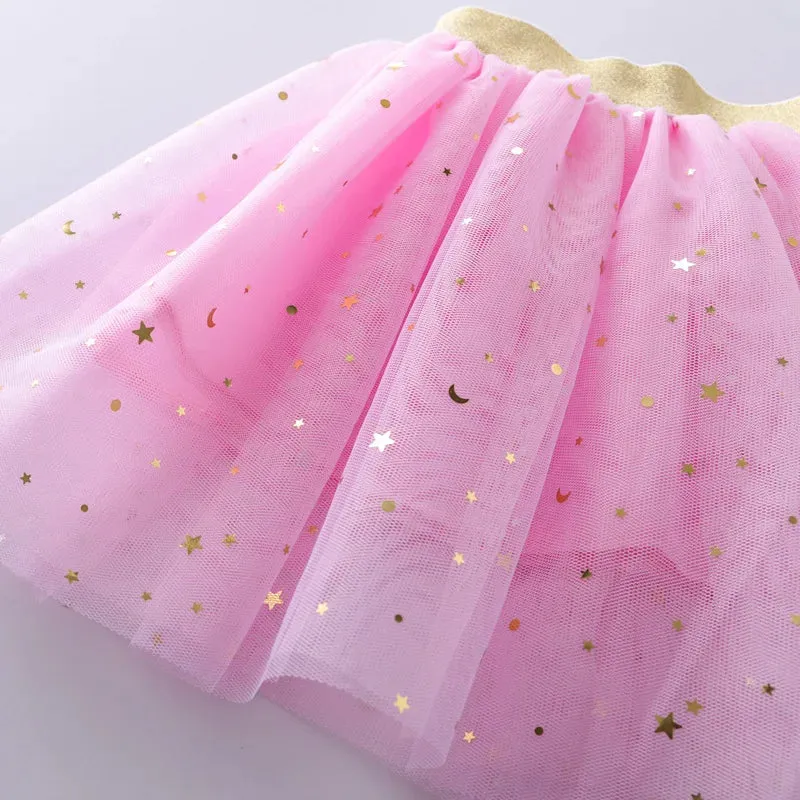 Fashion Kids Mesh Miniskirts Girls Princess Stars Glitter Dance Ballet Tutu Brand Sequin Party Girl Skirt Elastic