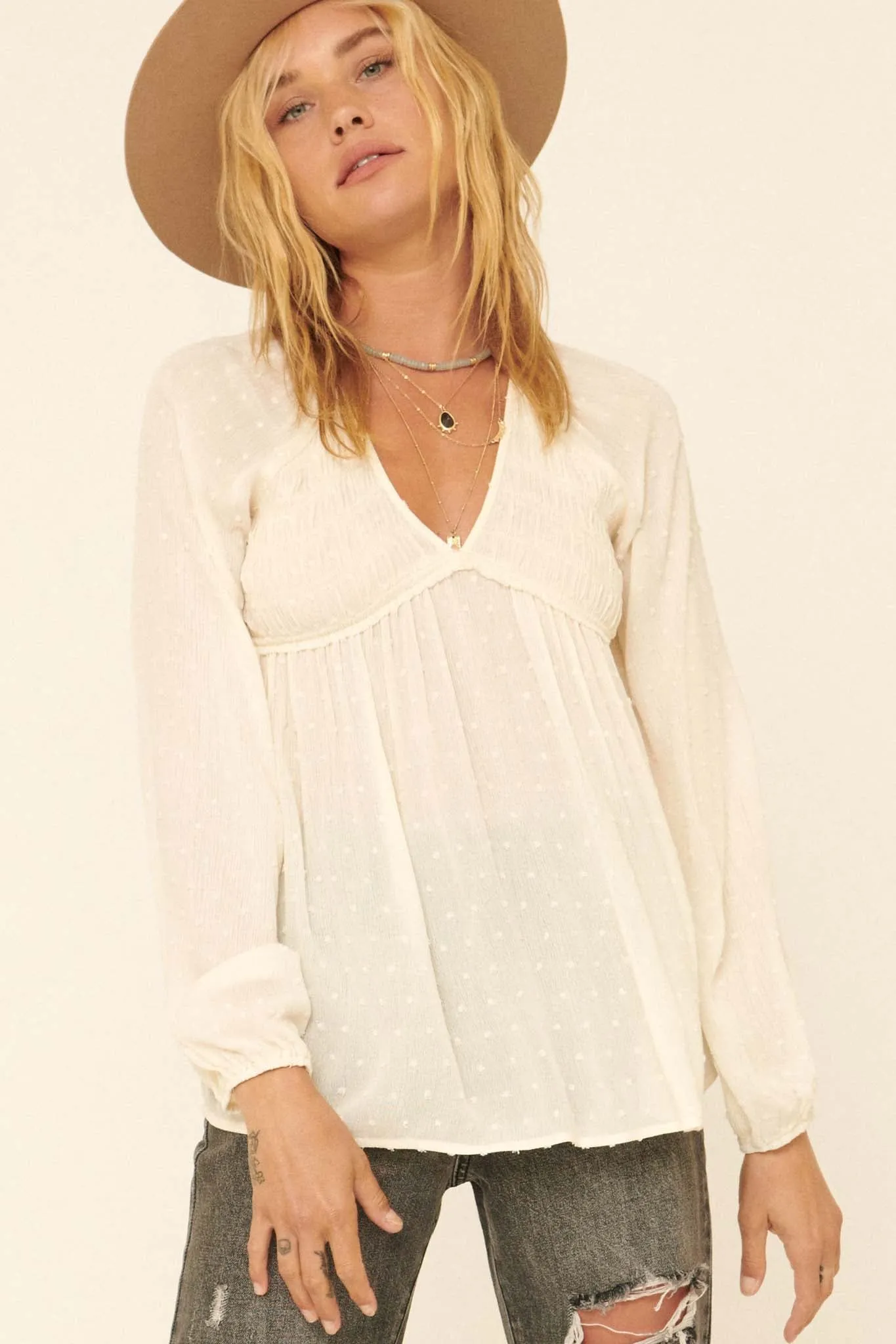 Find Your Bliss Swiss Dot Peasant Top