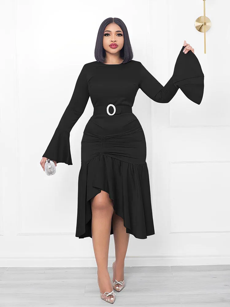 Flare Sleeve Asymmetrical Hem Midi Dresses