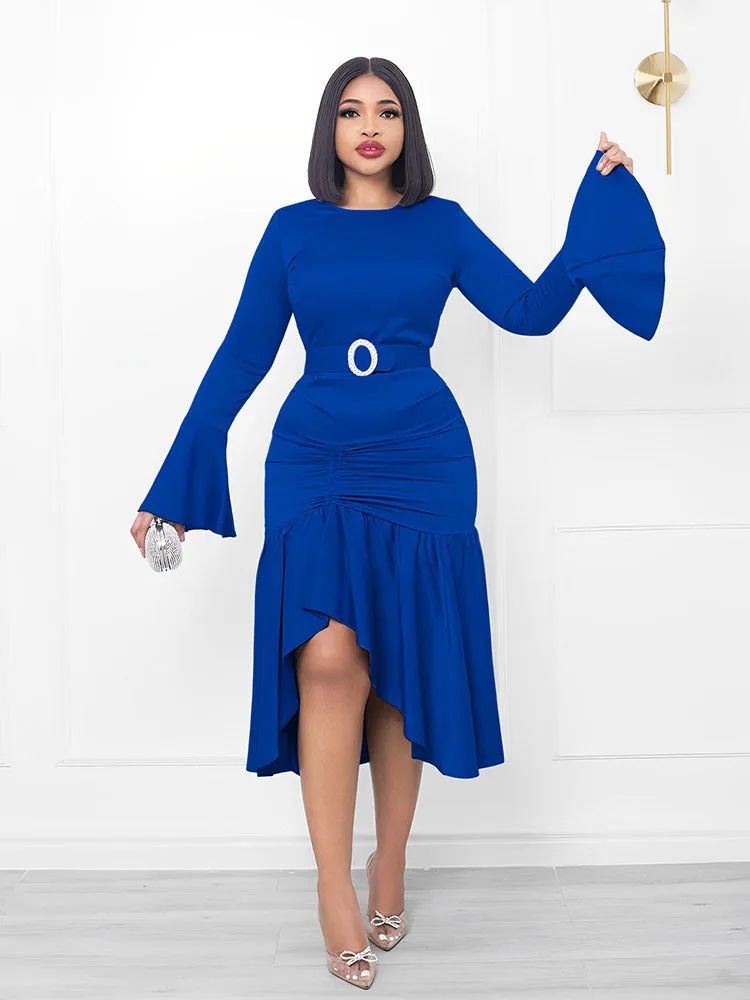 Flare Sleeve Asymmetrical Hem Midi Dresses