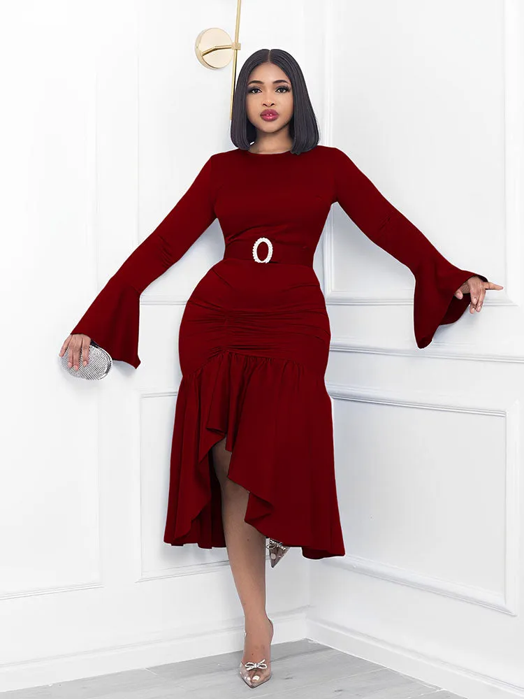 Flare Sleeve Asymmetrical Hem Midi Dresses