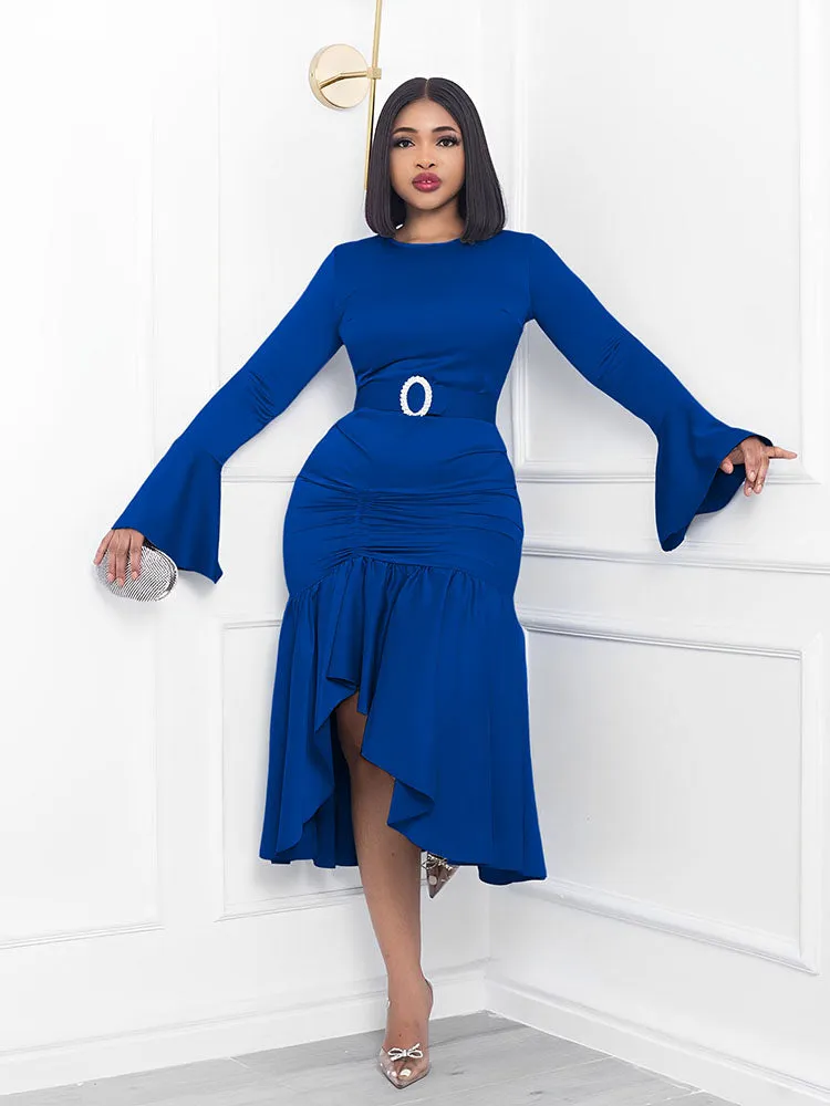 Flare Sleeve Asymmetrical Hem Midi Dresses