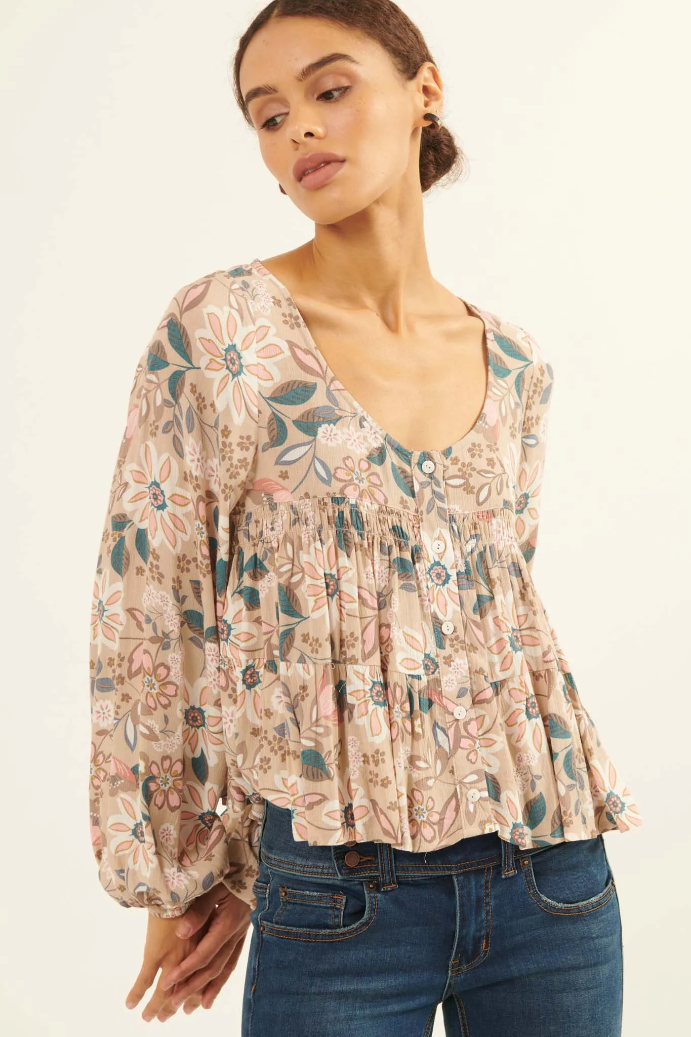 Flashy Flowers Floral Babydoll Peasant Top