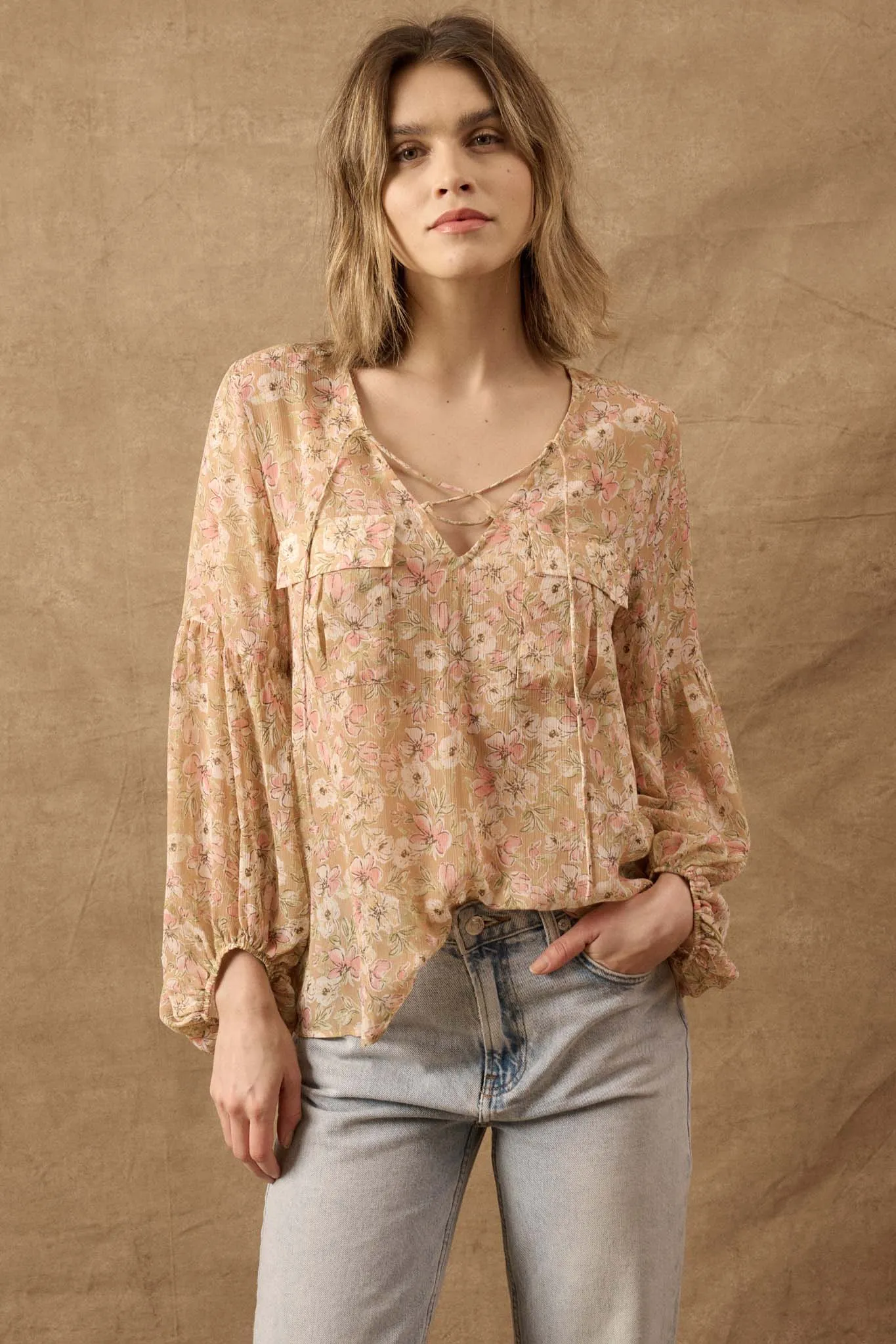 Floral Flair Lace-Up Floral Chiffon Peasant Top