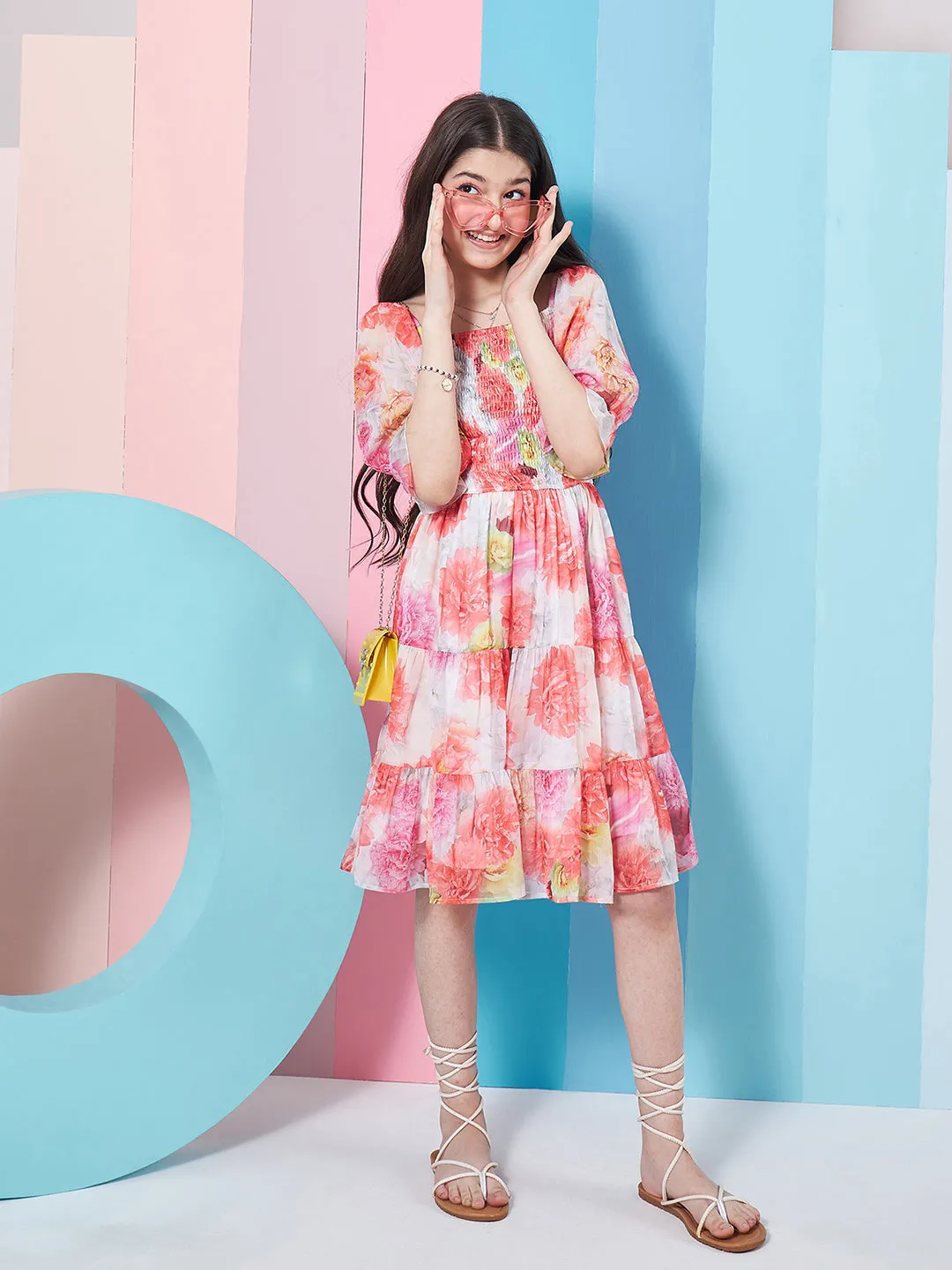 Girls Floral Print Puff Sleeve Chiffon Fit Flare Dress - PS Peaches