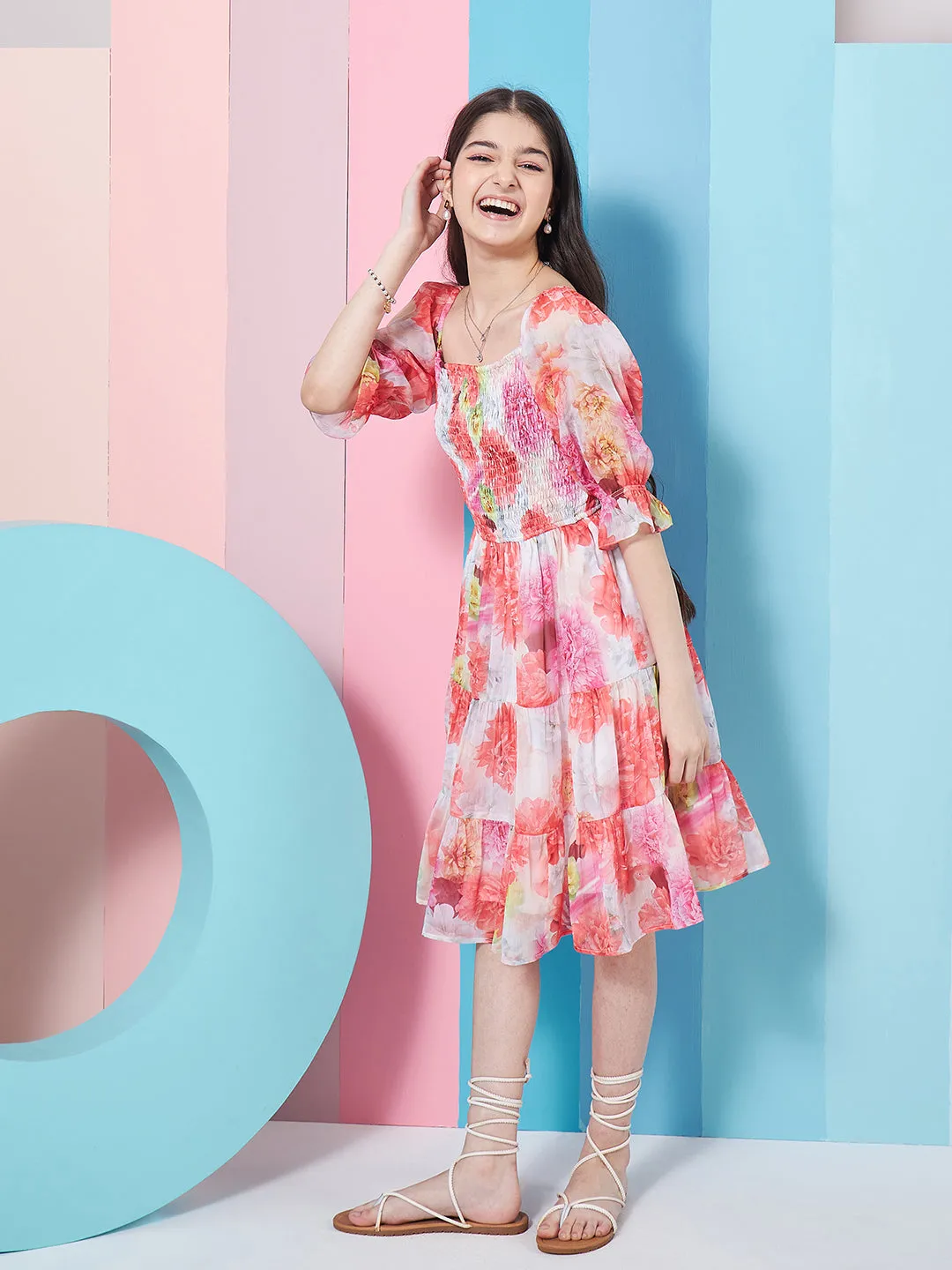 Girls Floral Print Puff Sleeve Chiffon Fit Flare Dress - PS Peaches