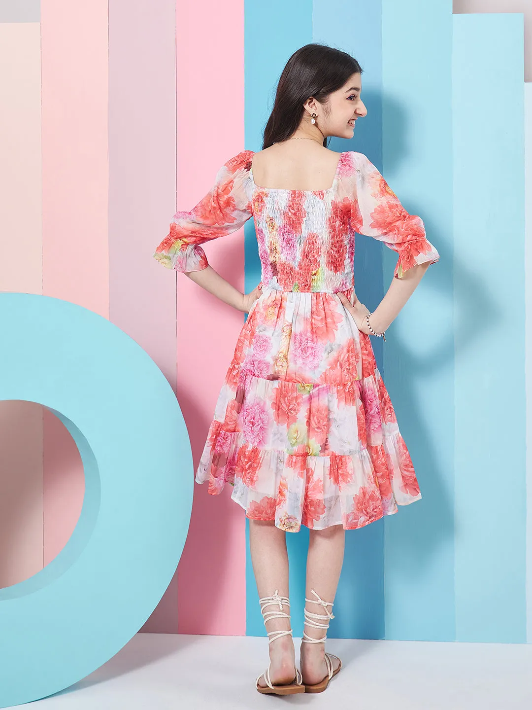 Girls Floral Print Puff Sleeve Chiffon Fit Flare Dress - PS Peaches