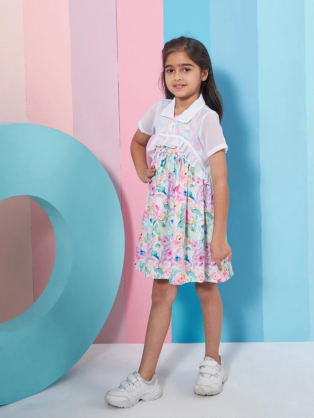 Girls Floral Print Shoulder Strap Georgette Fit Flare Dress - PS Peaches