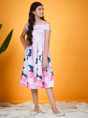 Girls Floral Printed Cold Shoulder Pleated Satin Fit Flare Dress - Ps Peaches