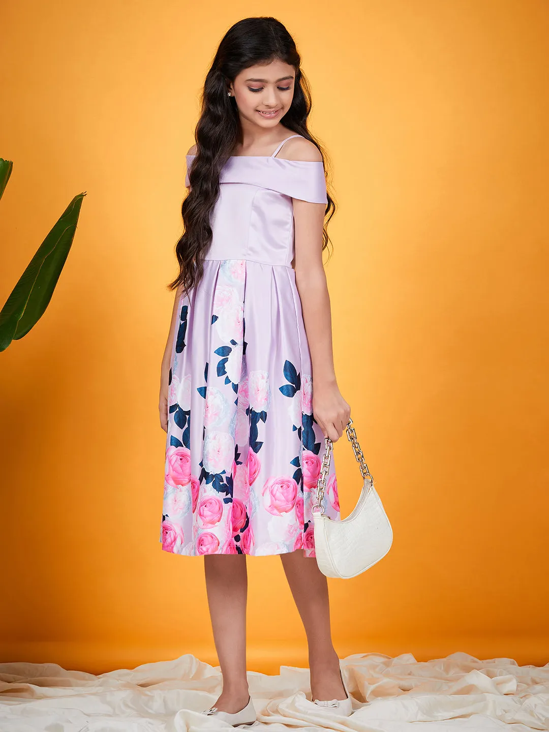 Girls Floral Printed Cold Shoulder Pleated Satin Fit Flare Dress - Ps Peaches