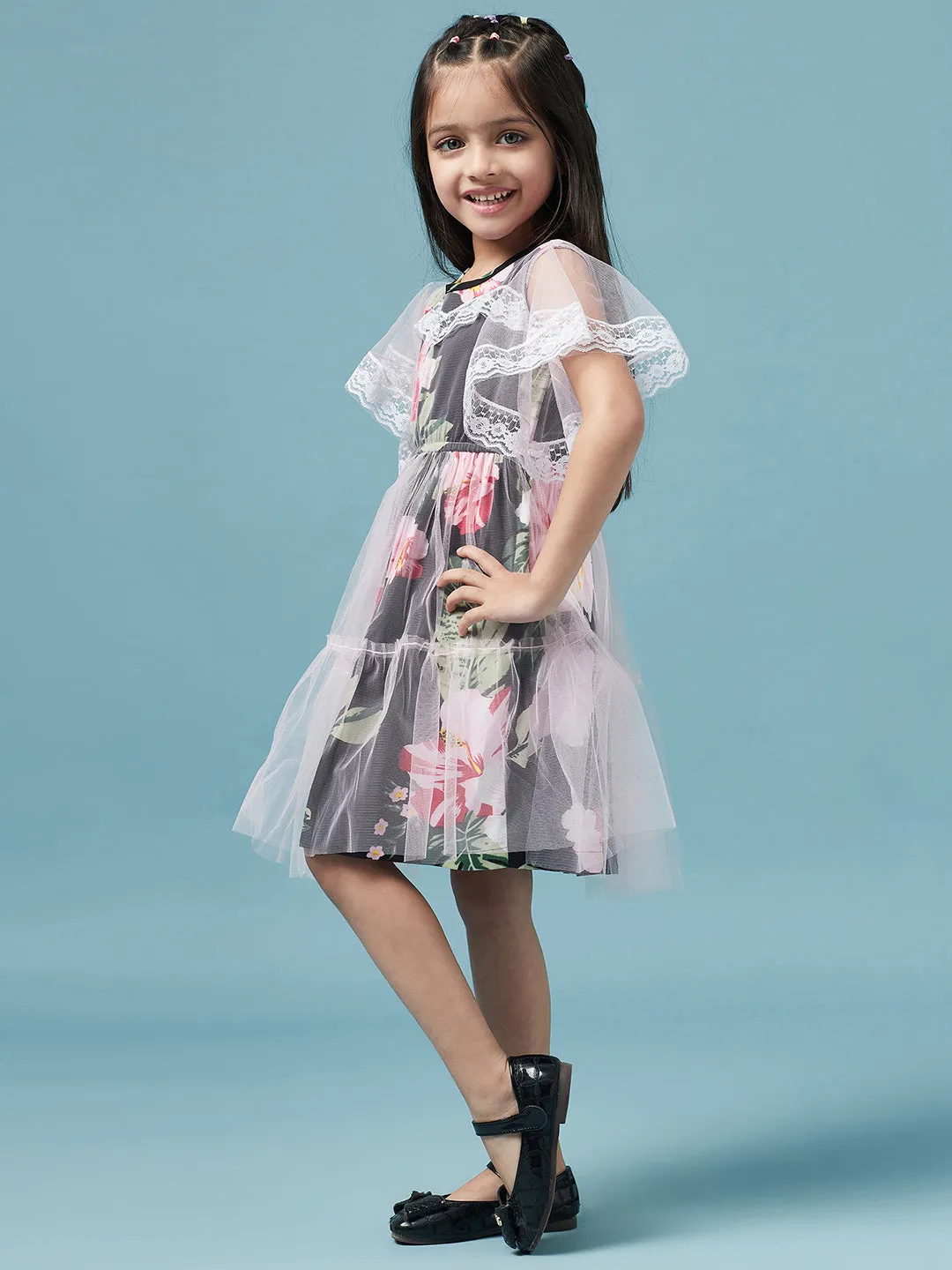 Girls Lace Layered Floral Printed Fit Flare Dress - Ps Peaches