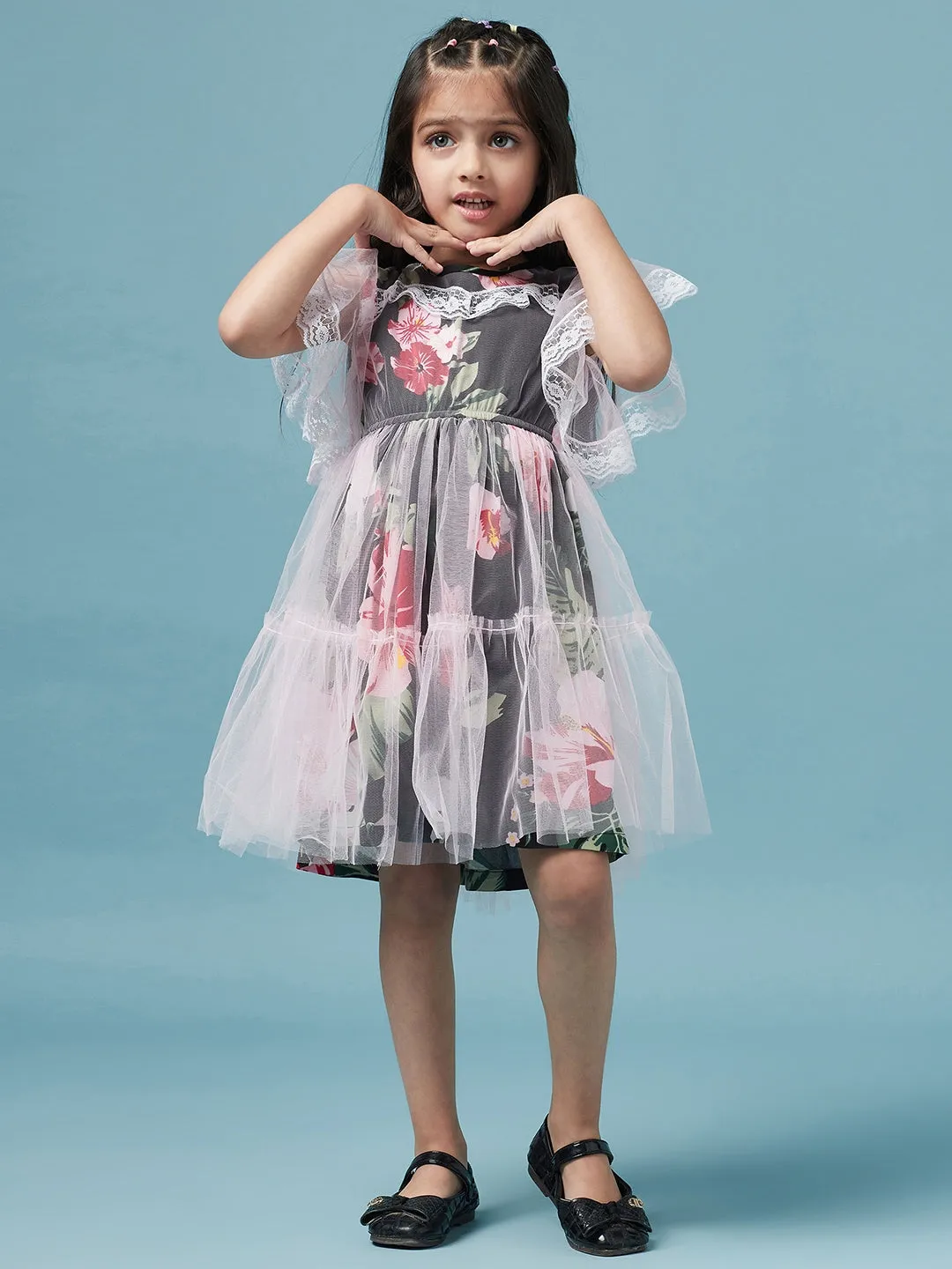 Girls Lace Layered Floral Printed Fit Flare Dress - Ps Peaches