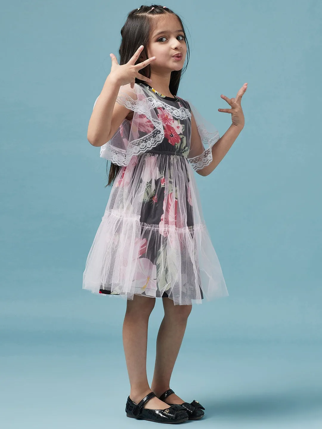 Girls Lace Layered Floral Printed Fit Flare Dress - Ps Peaches