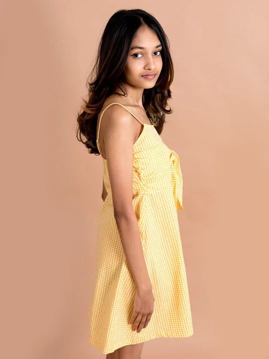 Girls Yellow Checked Cotton Fit Flare Dress - Ps Peaches