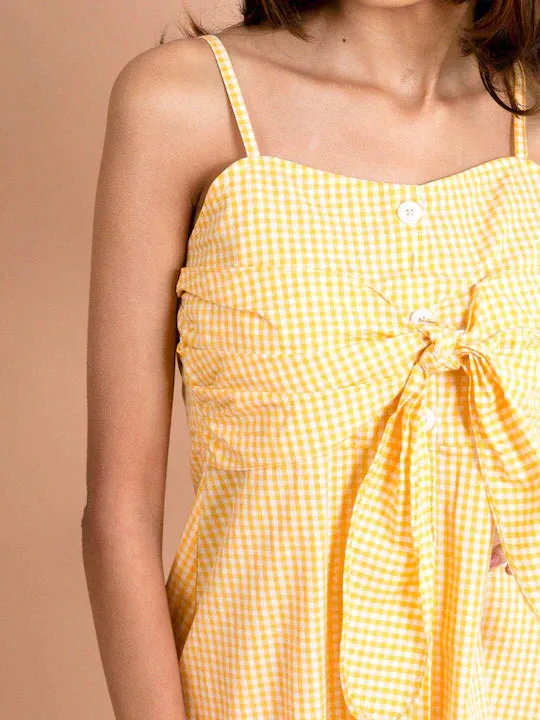 Girls Yellow Checked Cotton Fit Flare Dress - Ps Peaches