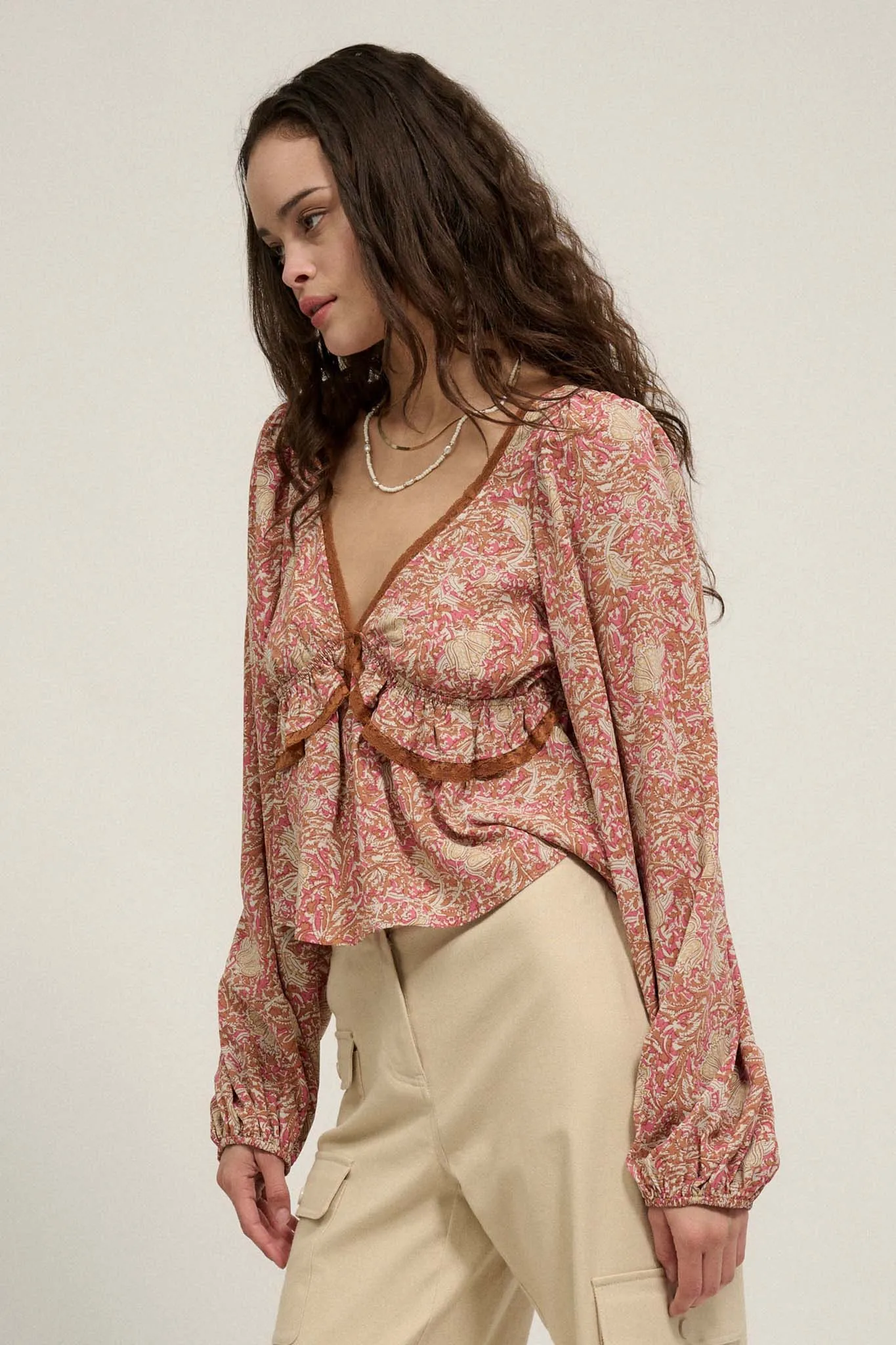 Going for Baroque Lace-Trimmed Floral Peasant Top