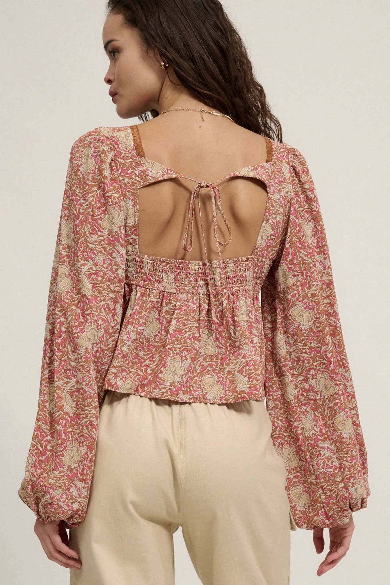 Going for Baroque Lace-Trimmed Floral Peasant Top