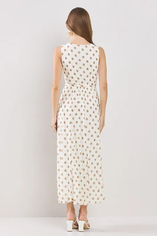 Ivory Multi Polka Dots Wrapped Flare Mesh Maxi Dress