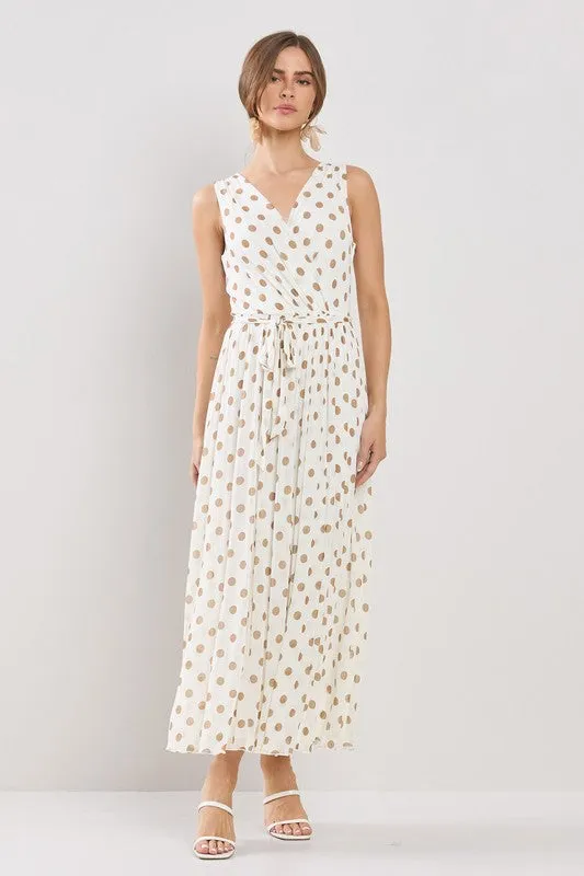 Ivory Multi Polka Dots Wrapped Flare Mesh Maxi Dress