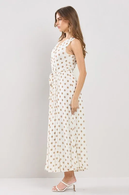 Ivory Multi Polka Dots Wrapped Flare Mesh Maxi Dress