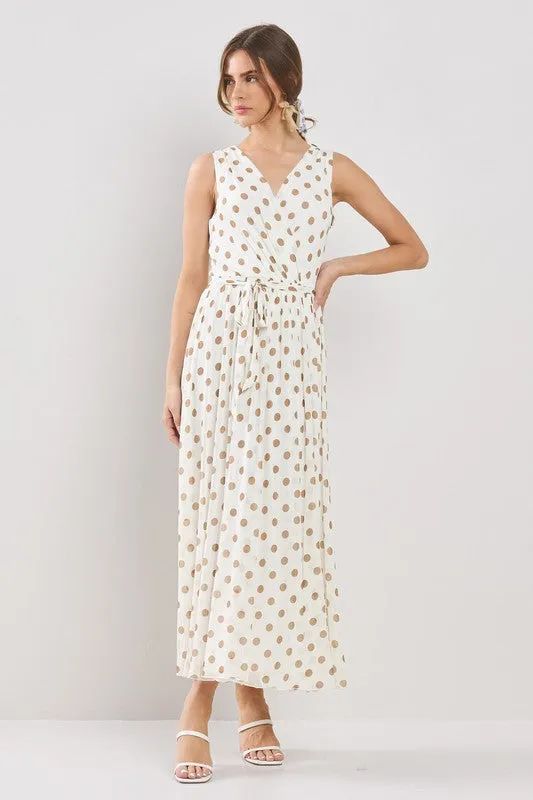 Ivory Multi Polka Dots Wrapped Flare Mesh Maxi Dress