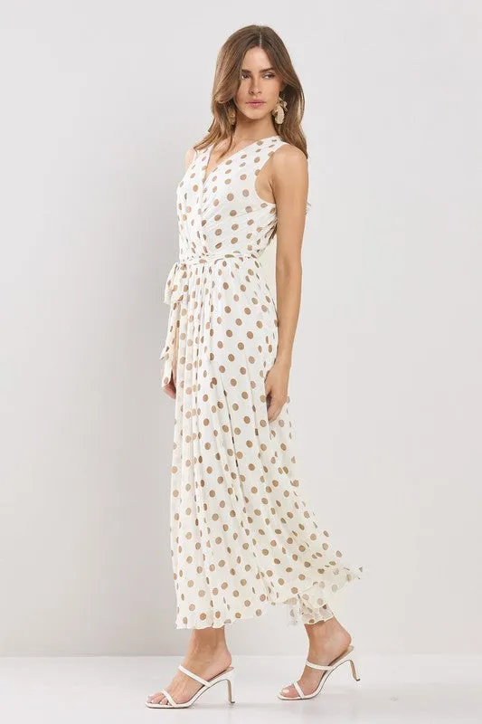 Ivory Multi Polka Dots Wrapped Flare Mesh Maxi Dress