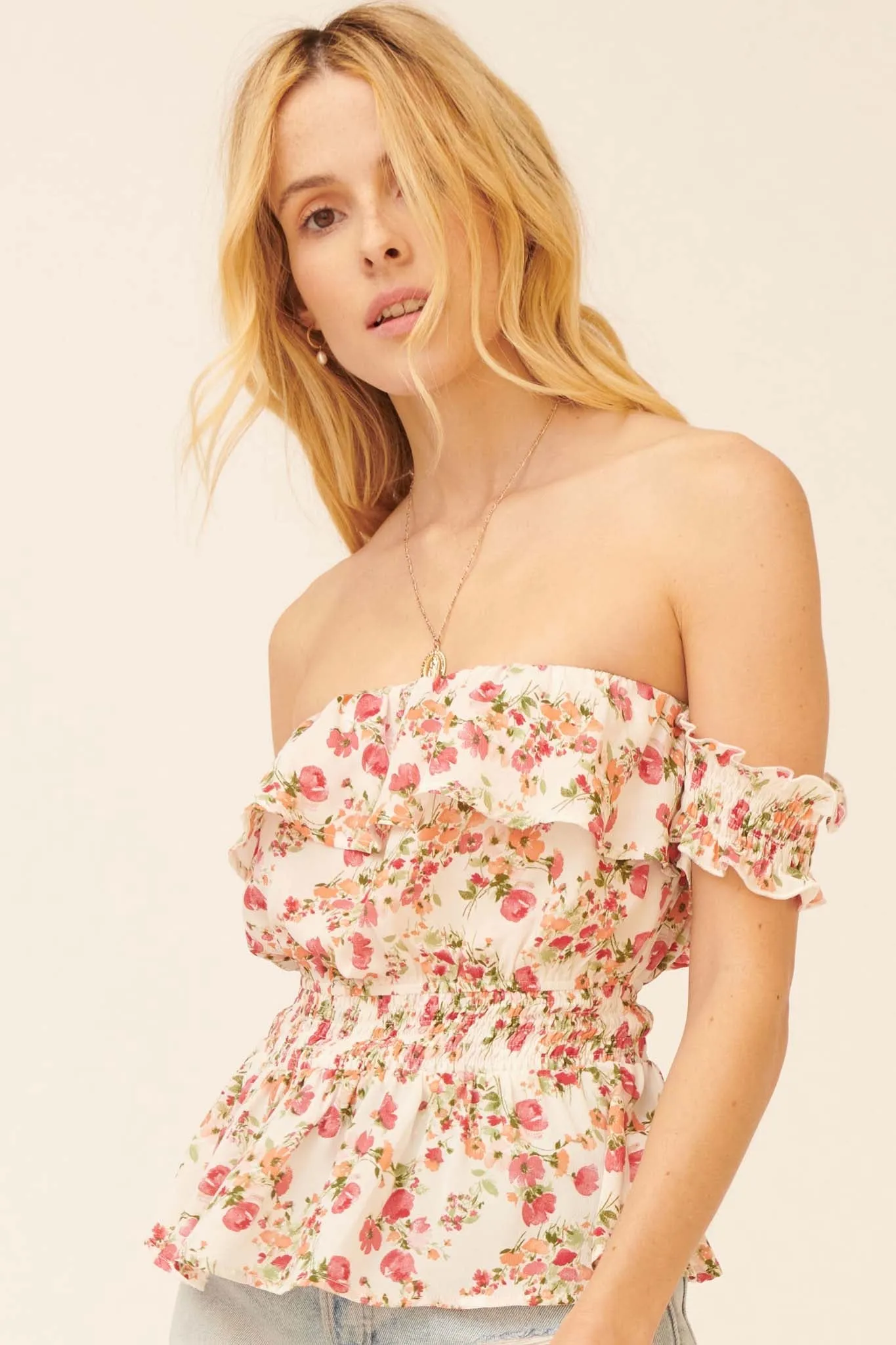 Lovely Blooms Ruffled Floral Off-Shoulder Top