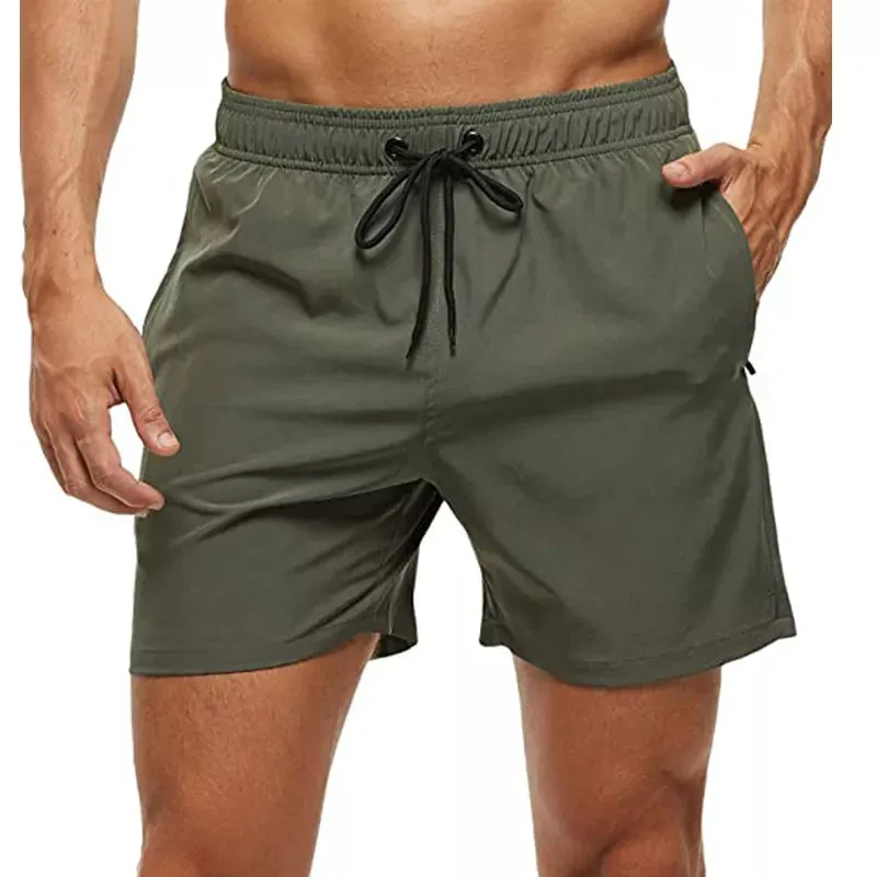 Mens Elastic Closure Quick Dry Zipper Pockets Mesh Lining Beach Shorts