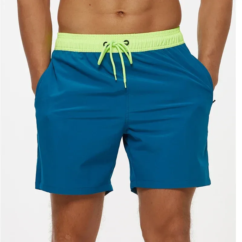 Mens Elastic Closure Quick Dry Zipper Pockets Mesh Lining Beach Shorts