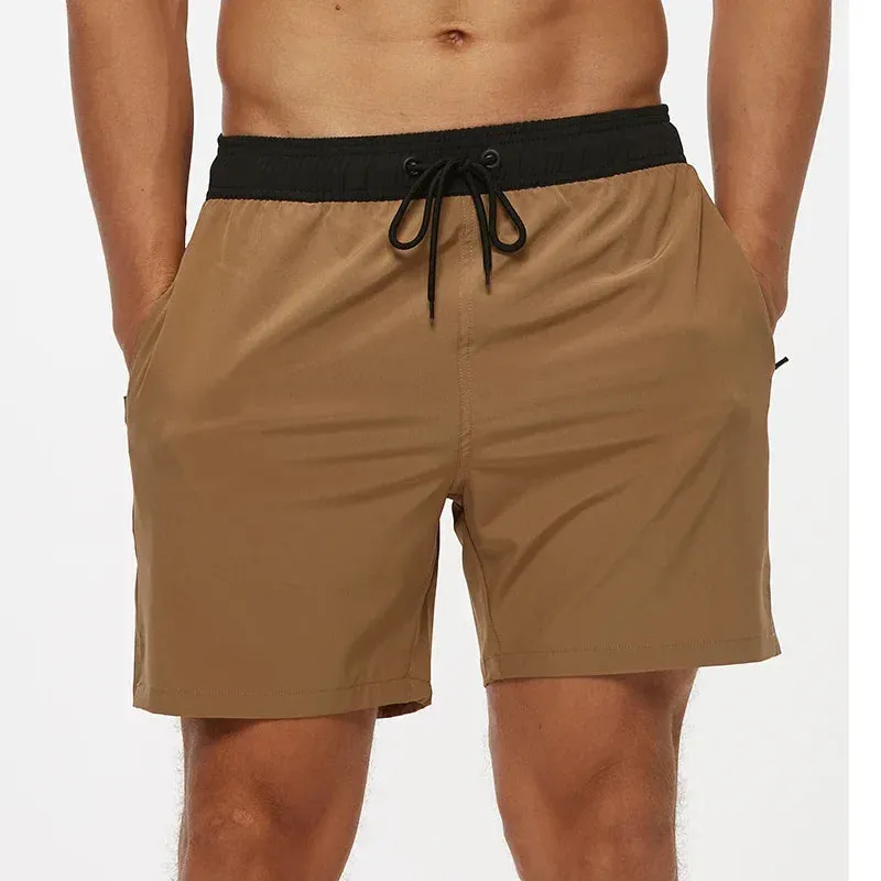 Mens Elastic Closure Quick Dry Zipper Pockets Mesh Lining Beach Shorts