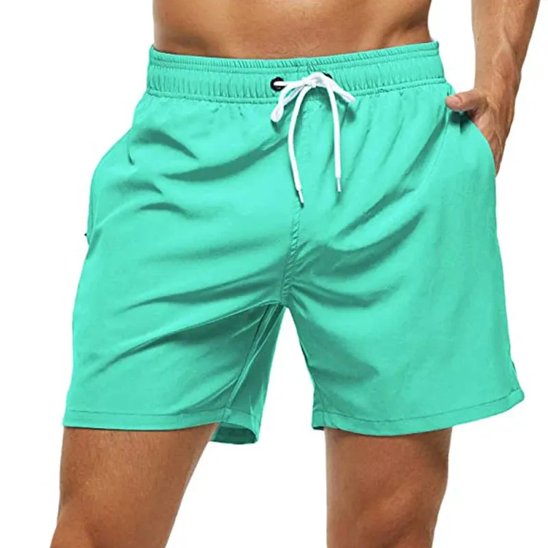 Mens Elastic Closure Quick Dry Zipper Pockets Mesh Lining Beach Shorts