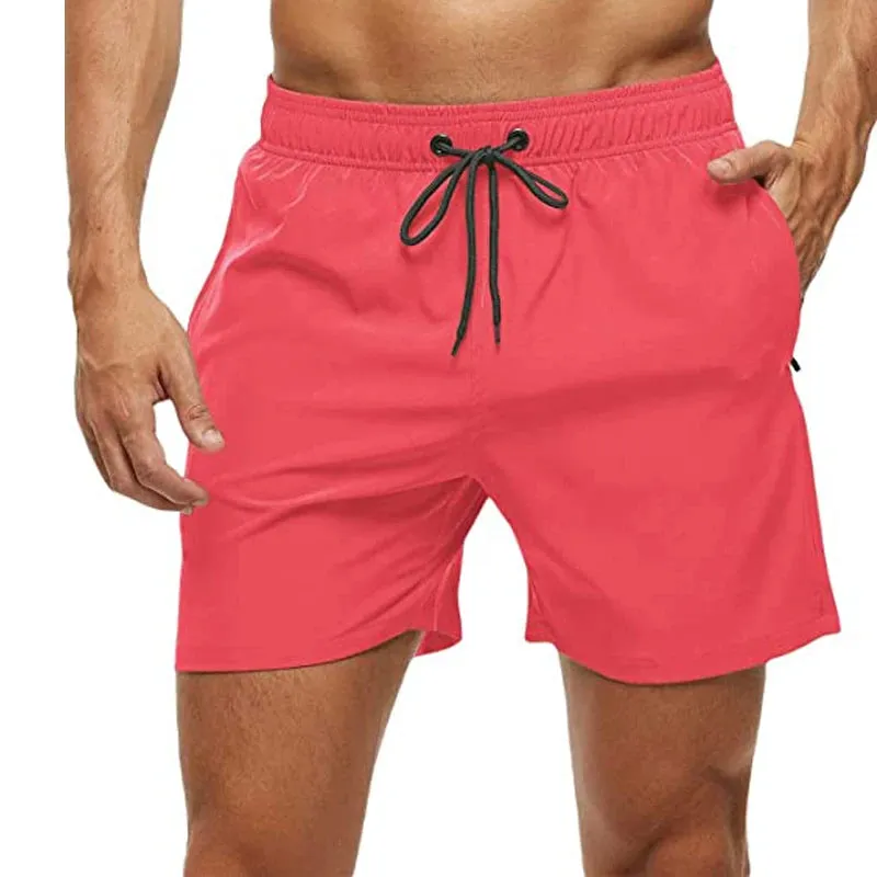 Mens Elastic Closure Quick Dry Zipper Pockets Mesh Lining Beach Shorts