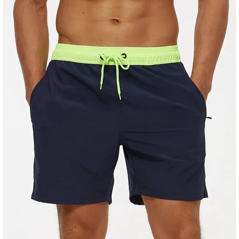 Mens Elastic Closure Quick Dry Zipper Pockets Mesh Lining Beach Shorts