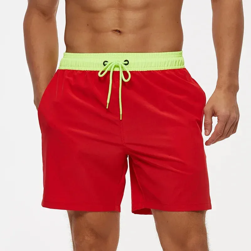 Mens Elastic Closure Quick Dry Zipper Pockets Mesh Lining Beach Shorts