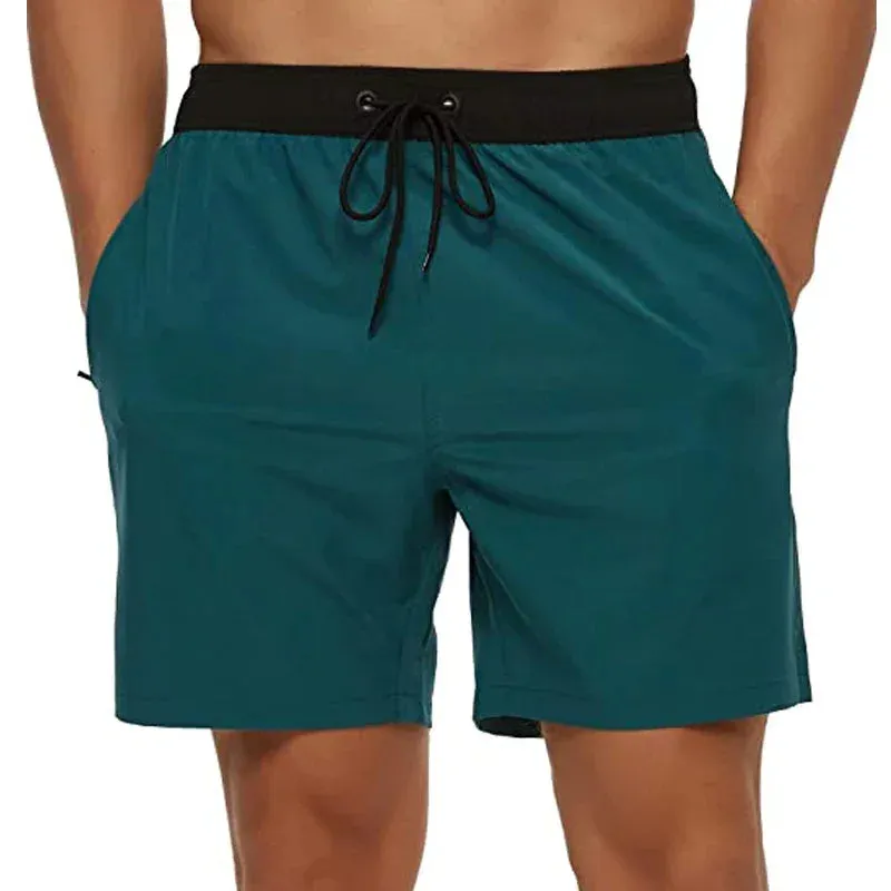 Mens Elastic Closure Quick Dry Zipper Pockets Mesh Lining Beach Shorts