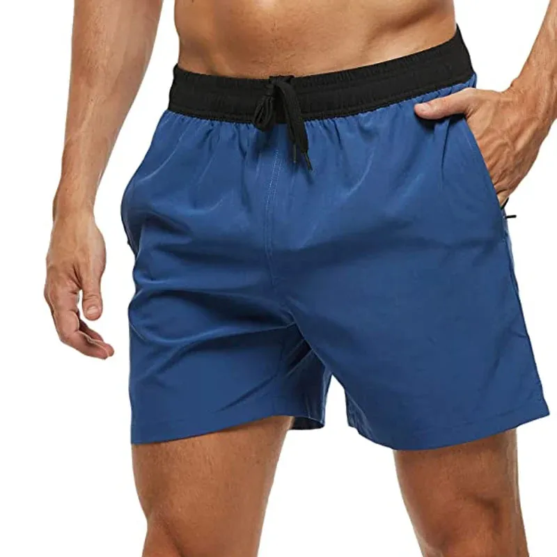 Mens Elastic Closure Quick Dry Zipper Pockets Mesh Lining Beach Shorts