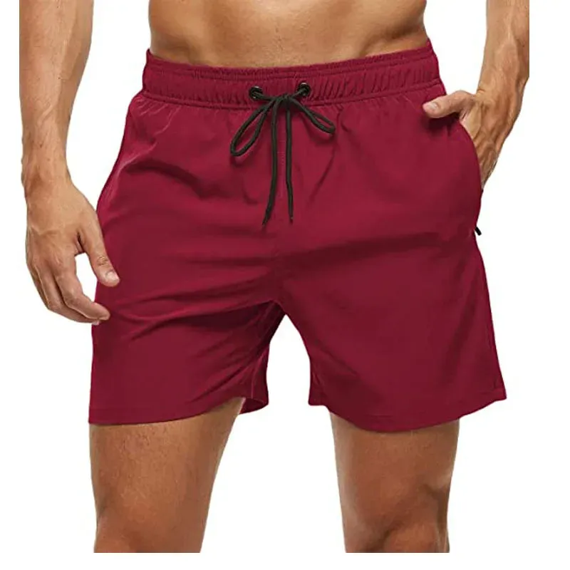 Mens Elastic Closure Quick Dry Zipper Pockets Mesh Lining Beach Shorts