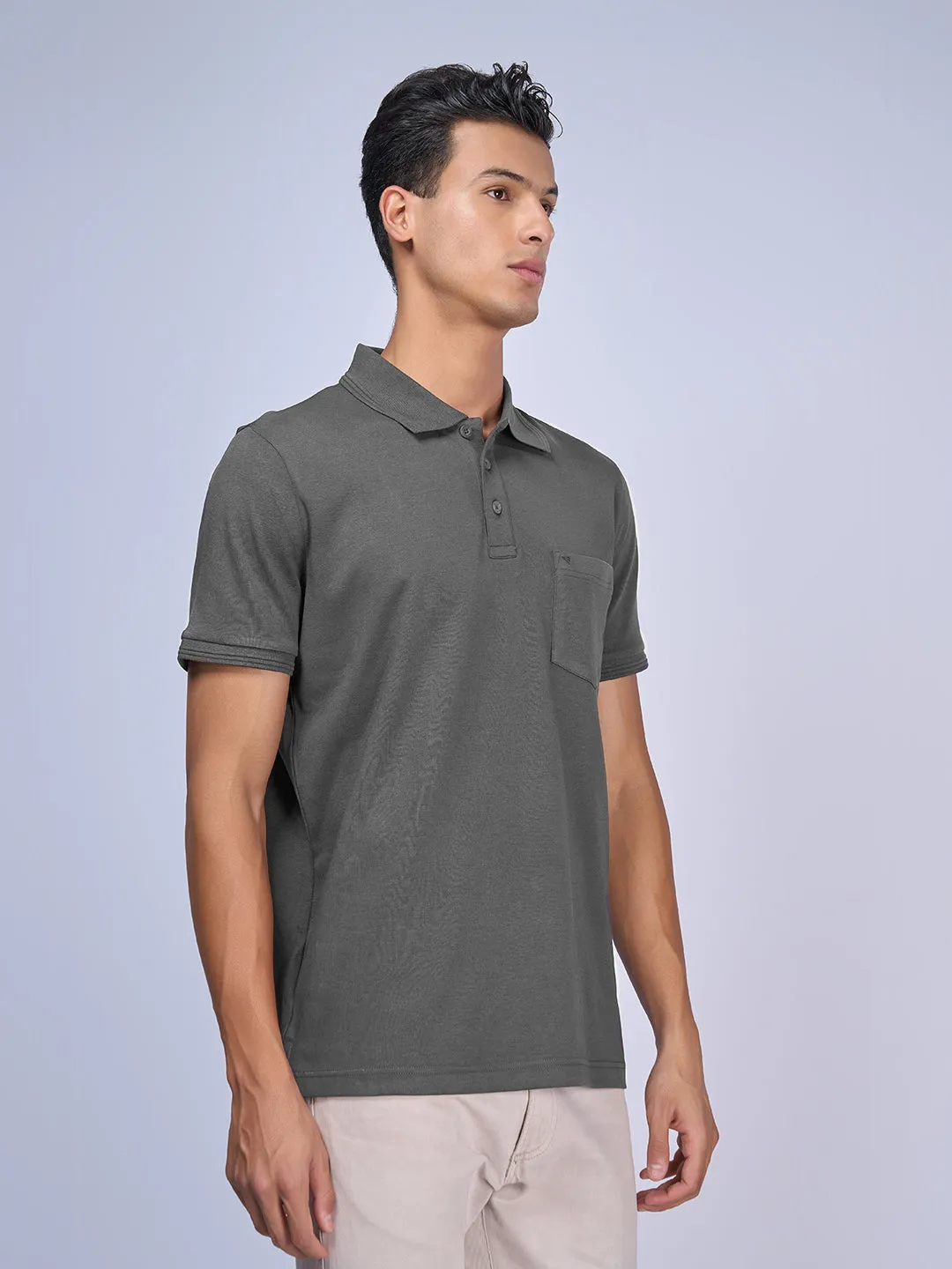 Mens Liquid Polo T-Shirt with Pocket Grey Melange