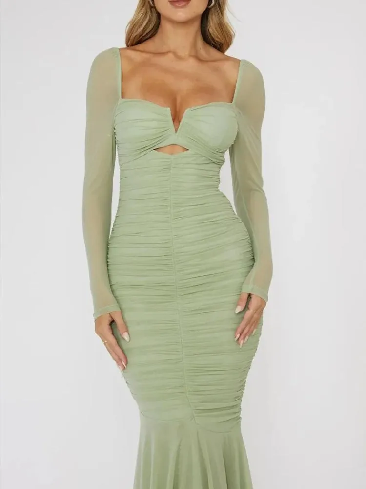 Mesh Ruched Bodycon Midi Dress