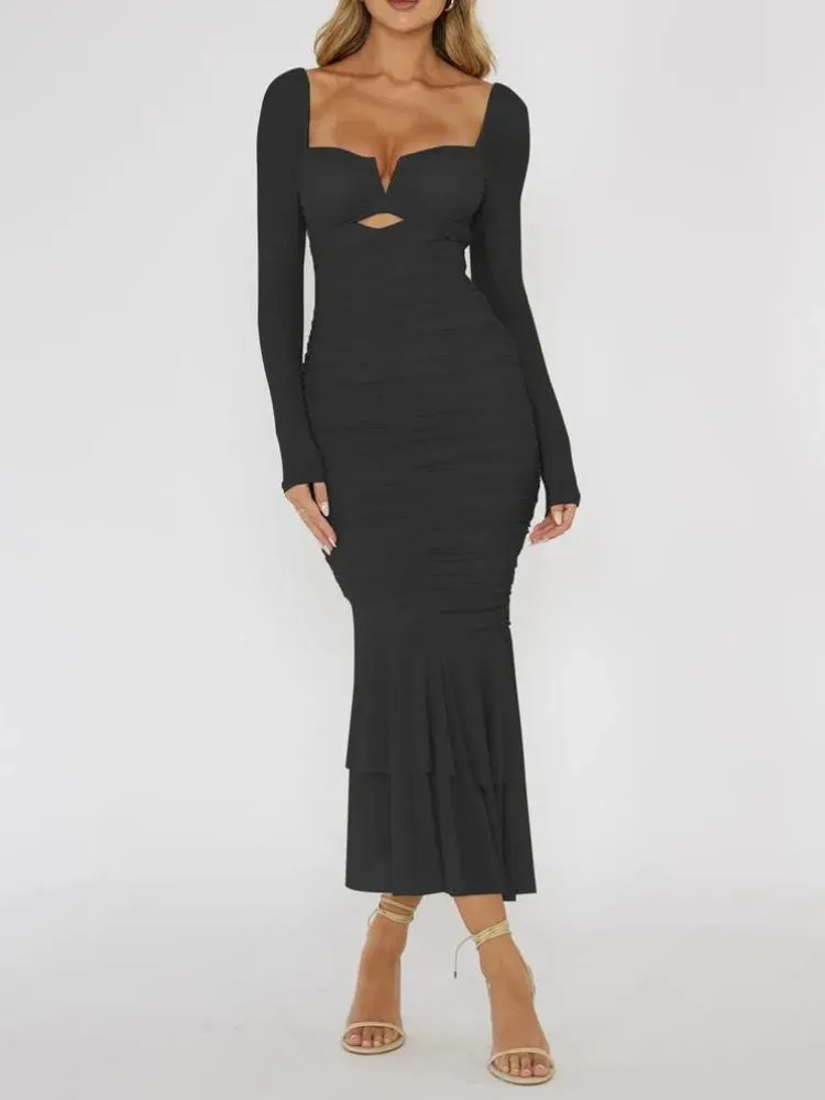 Mesh Ruched Bodycon Midi Dress