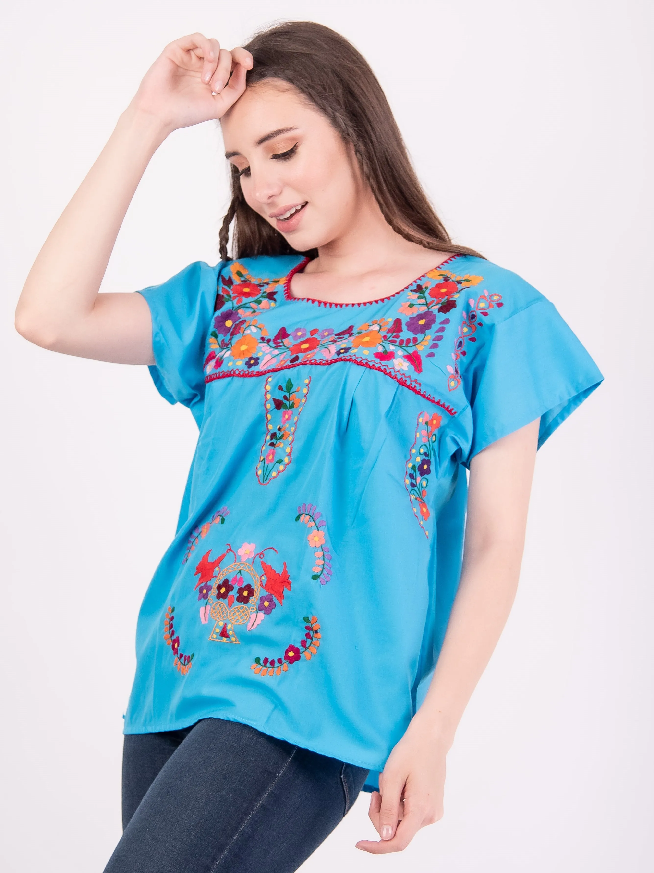 Mexican Tehuacan Full Embroidered Blouse Blue